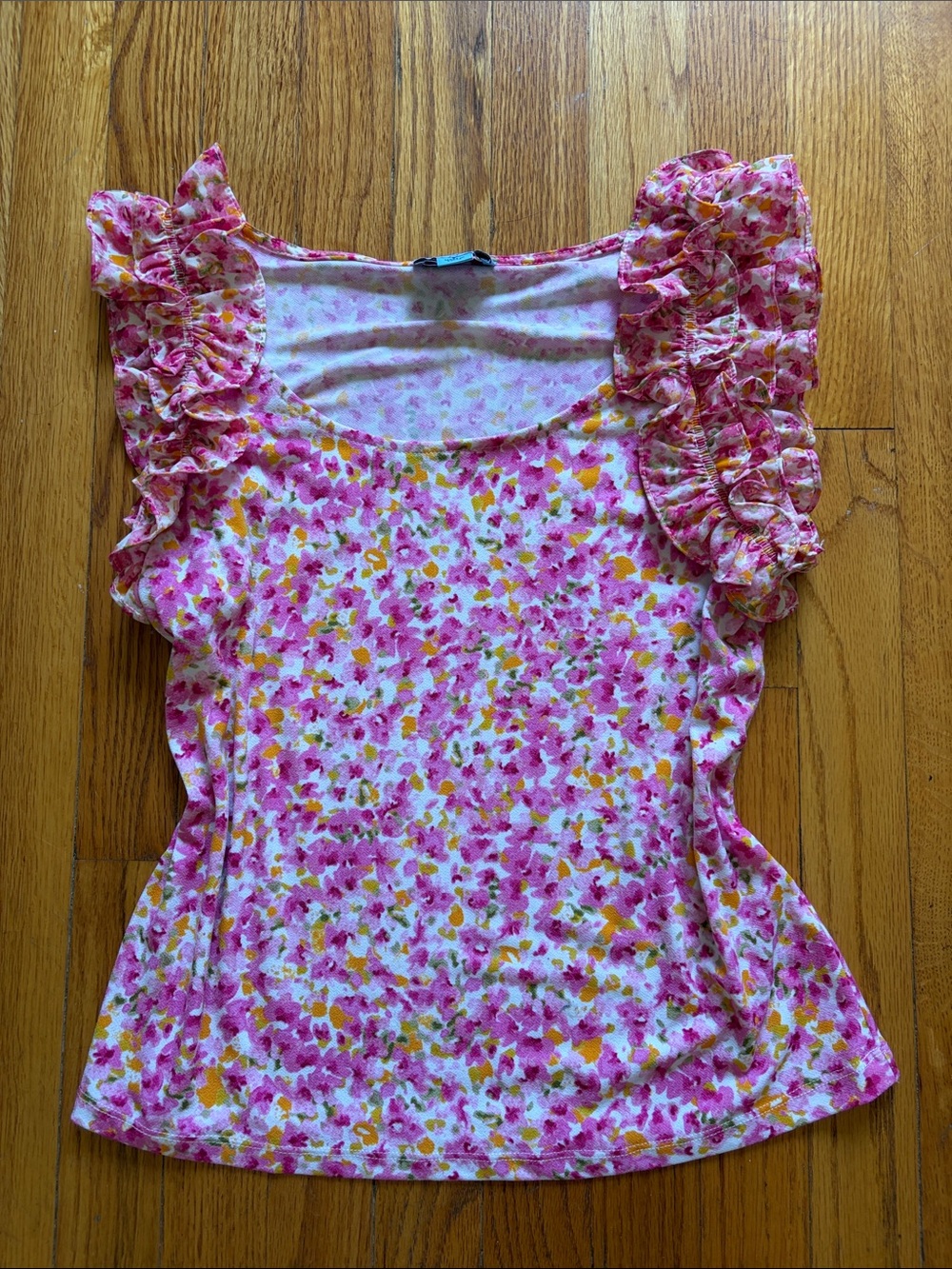 Floral Ruffle Sleeve Scoop Neck Top - Pink